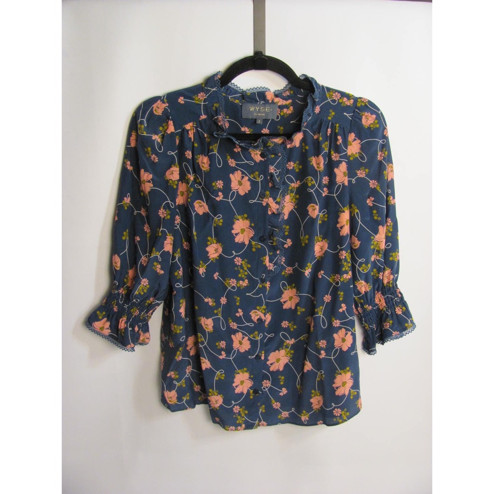 WYSE London 100% Silk Ruffled Formal Navy Pink Floral Blouse